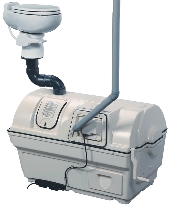 Compact composting toilet system in light gray with integrated bio-drum and ventilation pipe, designed for high capacity use; featured in Appliances, Composting Toilets, Best Sellers collections.