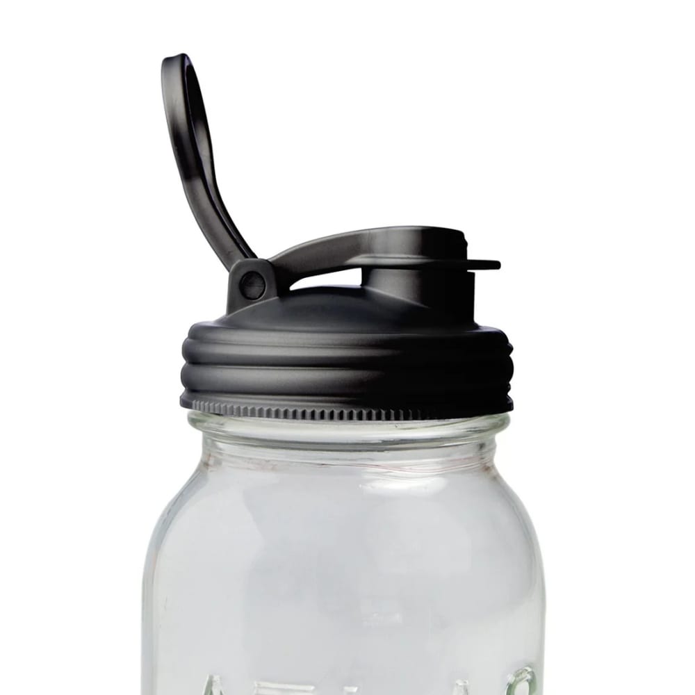 Black durable pour lid with flip-top spout and carry loop, designed for regular-mouth mason jars, crafted in the USA, ideal for Kitchen & Food, Kitchen Gadgets, and Best Sellers collections.