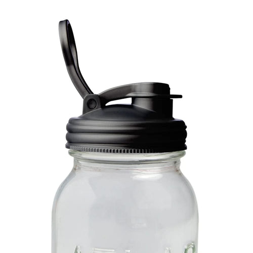 Black durable pour lid with flip-top spout and carry loop, designed for regular-mouth mason jars, crafted in the USA, ideal for Kitchen & Food, Kitchen Gadgets, and Best Sellers collections.