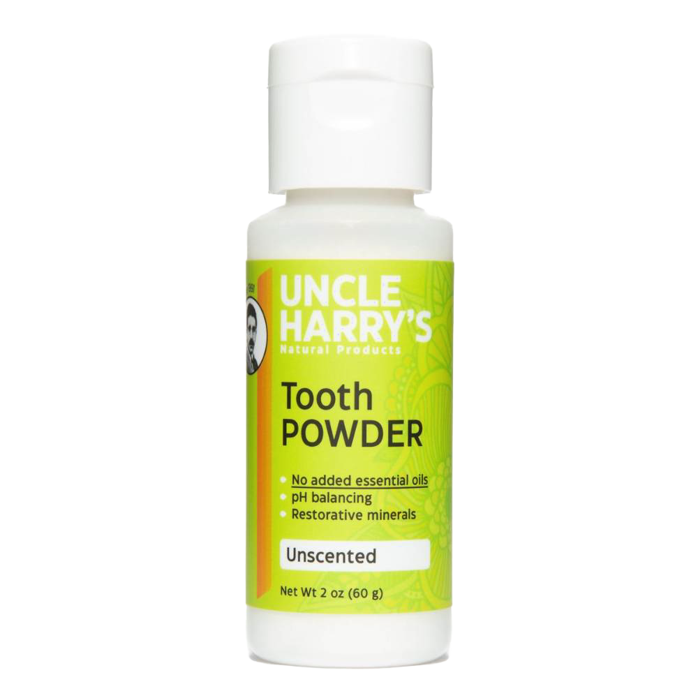 2 oz white plastic bottle of Uncle Harry’s natural tooth powder with bright green label highlighting pH balancing, restorative minerals, and unscented formula, USA made, featured in Health & Wellness and Grooming collections.
