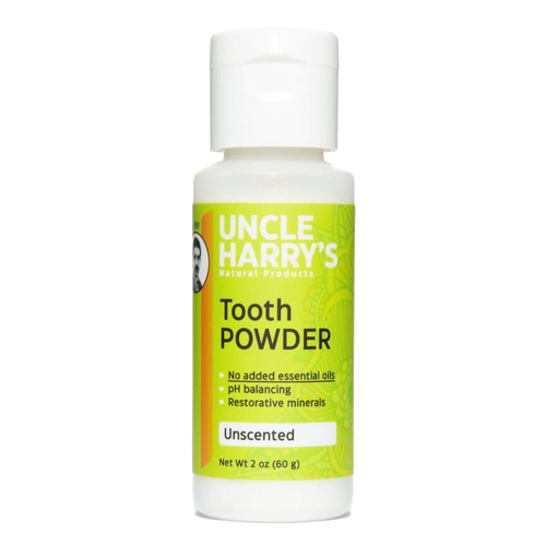 2 oz white plastic bottle of Uncle Harry’s natural tooth powder with bright green label highlighting pH balancing, restorative minerals, and unscented formula, USA made, featured in Health & Wellness and Grooming collections.