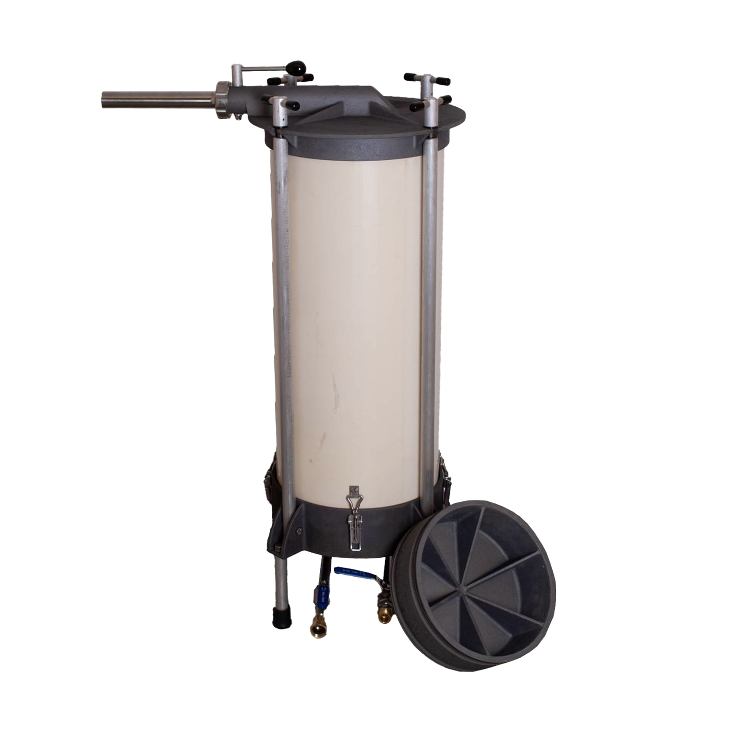 High-capacity water-powered sausage stuffer with a sturdy metal frame and cylindrical chamber, handcrafted and Amish made, ideal for Kitchen & Food and Butchering Supplies collections.