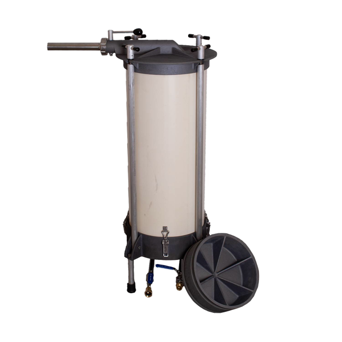 High-capacity water-powered sausage stuffer with a sturdy metal frame and cylindrical chamber, handcrafted and Amish made, ideal for Kitchen & Food and Butchering Supplies collections.