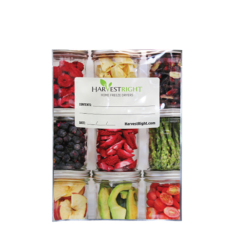 Clear mylar bag with Harvest Right logo, filled with colorful freeze-dried fruits and vegetables in glass jars, designed for long-term food preservation in Farm, Garden & Tool and Kitchen & Food collections.