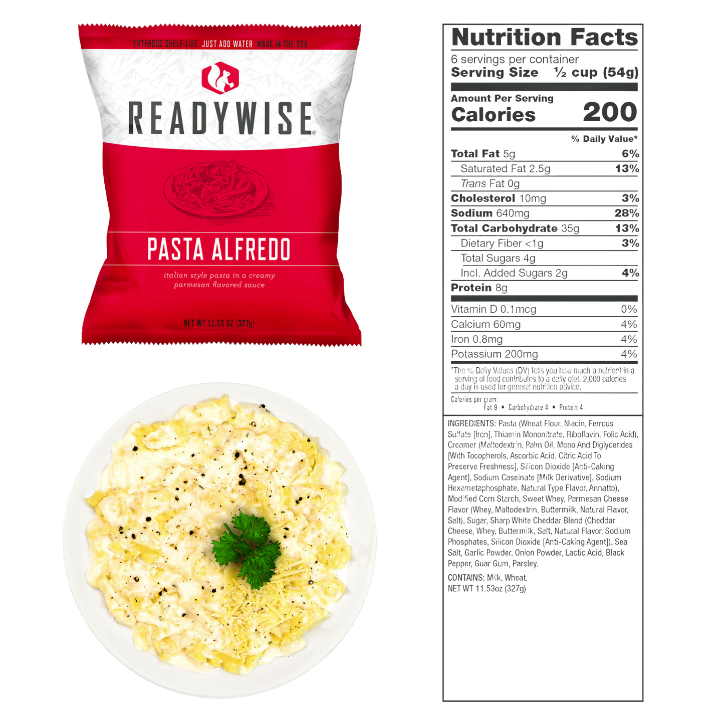 Red and white ReadyWise Pasta Alfredo freeze-dried meal pouch shown with a creamy prepared pasta dish garnished with parsley and black pepper, alongside detailed nutrition facts, featured in Kitchen & Food, Emergency Supplies, and Pantry collections.