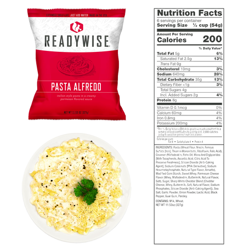 Red and white ReadyWise Pasta Alfredo freeze-dried meal pouch shown with a creamy prepared pasta dish garnished with parsley and black pepper, alongside detailed nutrition facts, featured in Kitchen & Food, Emergency Supplies, and Pantry collections.