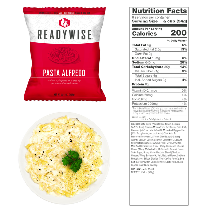 Red and white ReadyWise Pasta Alfredo freeze-dried meal pouch shown with a creamy prepared pasta dish garnished with parsley and black pepper, alongside detailed nutrition facts, featured in Kitchen & Food, Emergency Supplies, and Pantry collections.