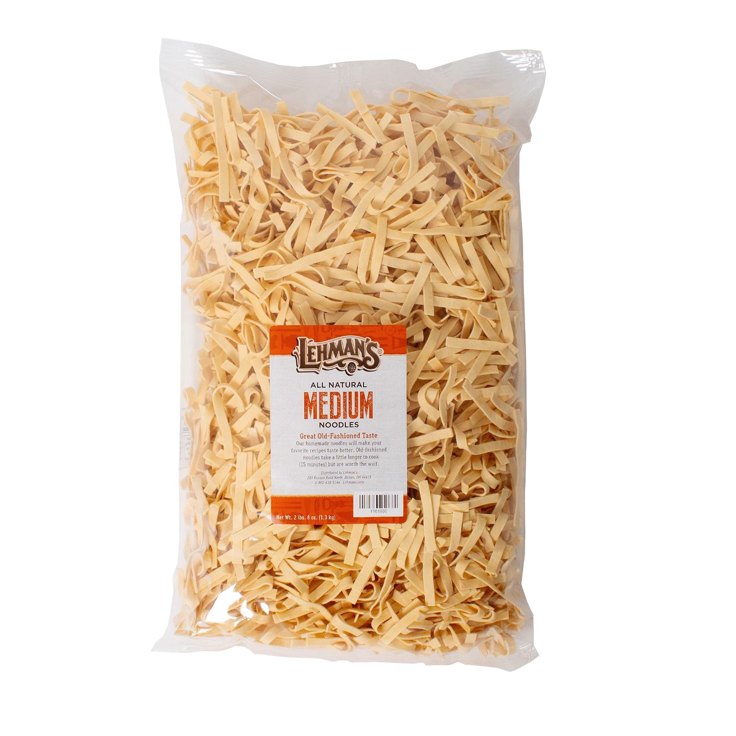 Clear plastic bag filled with handcrafted medium-width all-natural egg noodles made in USA, perfect for Kitchen & Food, Food, Pantry, USA Made, Best Sellers, and Promo Eligible collections.