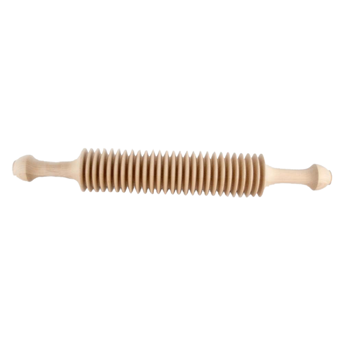 Handcrafted unfinished cherry wood roller with evenly spaced grooves for cutting noodles, made in USA, fitting Kitchen & Food, Food Prep, Choppers and Cutters, Amish Made collections.