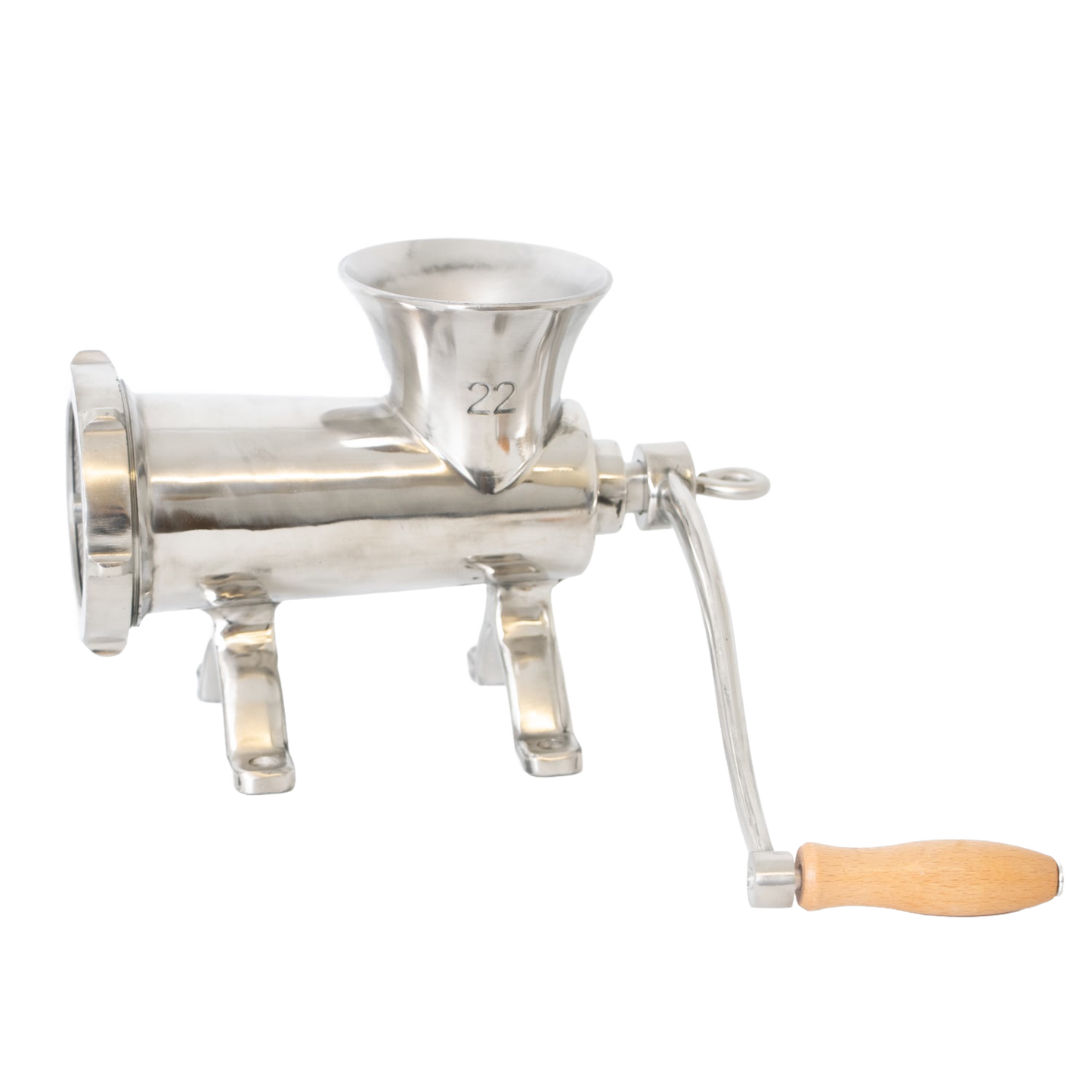Handcrafted stainless steel mounted meat grinder with a wooden handle and pre-drilled holes for secure attachment, featured in Kitchen & Food, Specialty Equipment, and Butchering Supplies collections.