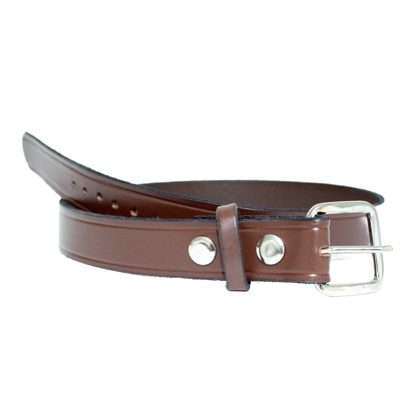 Handcrafted Amish-made smooth brown genuine cowhide leather belt with polished chrome buckle and metal rivets, featured in Health & Wellness, Clothing and Accessories, USA Made collections.