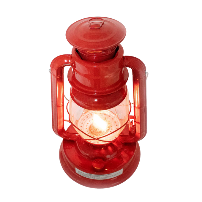 Bright handcrafted red lantern with glowing flame inside, featuring weather-resistant finish, designed for dependable use in Farm, Garden & Tool, Camping, and Emergency Supplies collections.