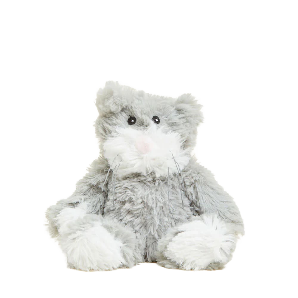 Soft and cuddly gray and white plush cat with weighted fill, microwaveable for warmth and comfort, scented with real dried French lavender, ideal for Health & Wellness and Children's Toys collections.