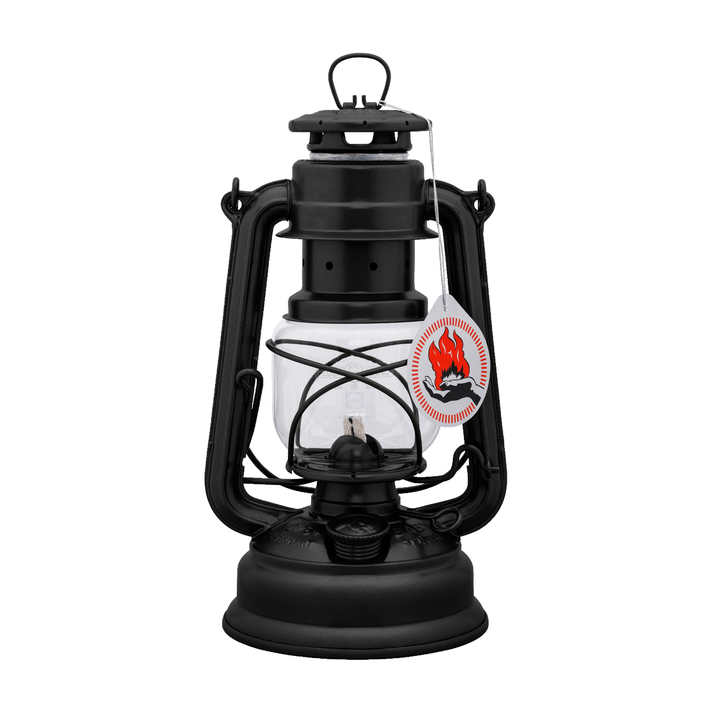 Handcrafted black galvanized oil lantern with thermal heat-resistant SUPRAX globe, designed for reliable lighting in camping, emergency supplies, and outdoor settings within lamps & lighting collections.