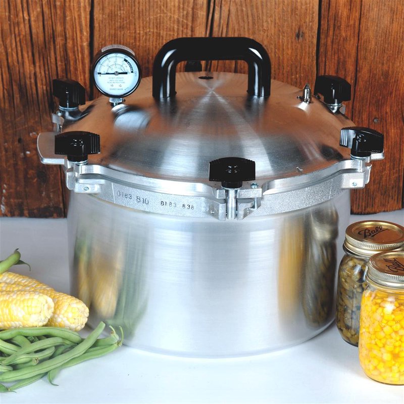 Handcrafted aluminum pressure canner with secure locking lid, built-in pressure gauge, and black knobs, ideal for safe food preservation in Kitchen & Food, Canning, and USA Made collections.