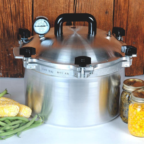 Handcrafted aluminum pressure canner with secure locking lid, built-in pressure gauge, and black knobs, ideal for safe food preservation in Kitchen & Food, Canning, and USA Made collections.