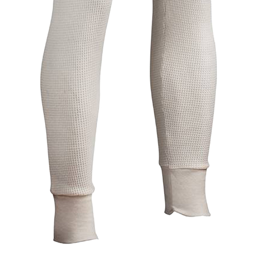 Handcrafted men's natural off-white long john pants featuring a circular waffle knit pattern with extended knitted cuffs, designed for cold-weather warmth; included in Health & Wellness, Clothing and Accessories, Best Sellers, and Promo Eligible collections.