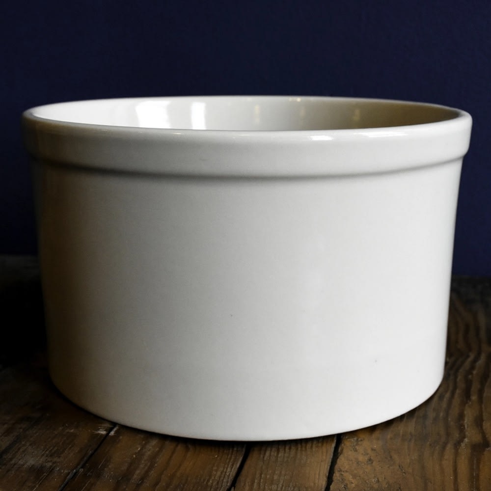 Cream-colored stoneware utility crock with smooth glossy finish and wide rim, handcrafted Amish made, ideal for Kitchen & Food, Food Preservation, Fermenting and Pickling, and Best Sellers collections.