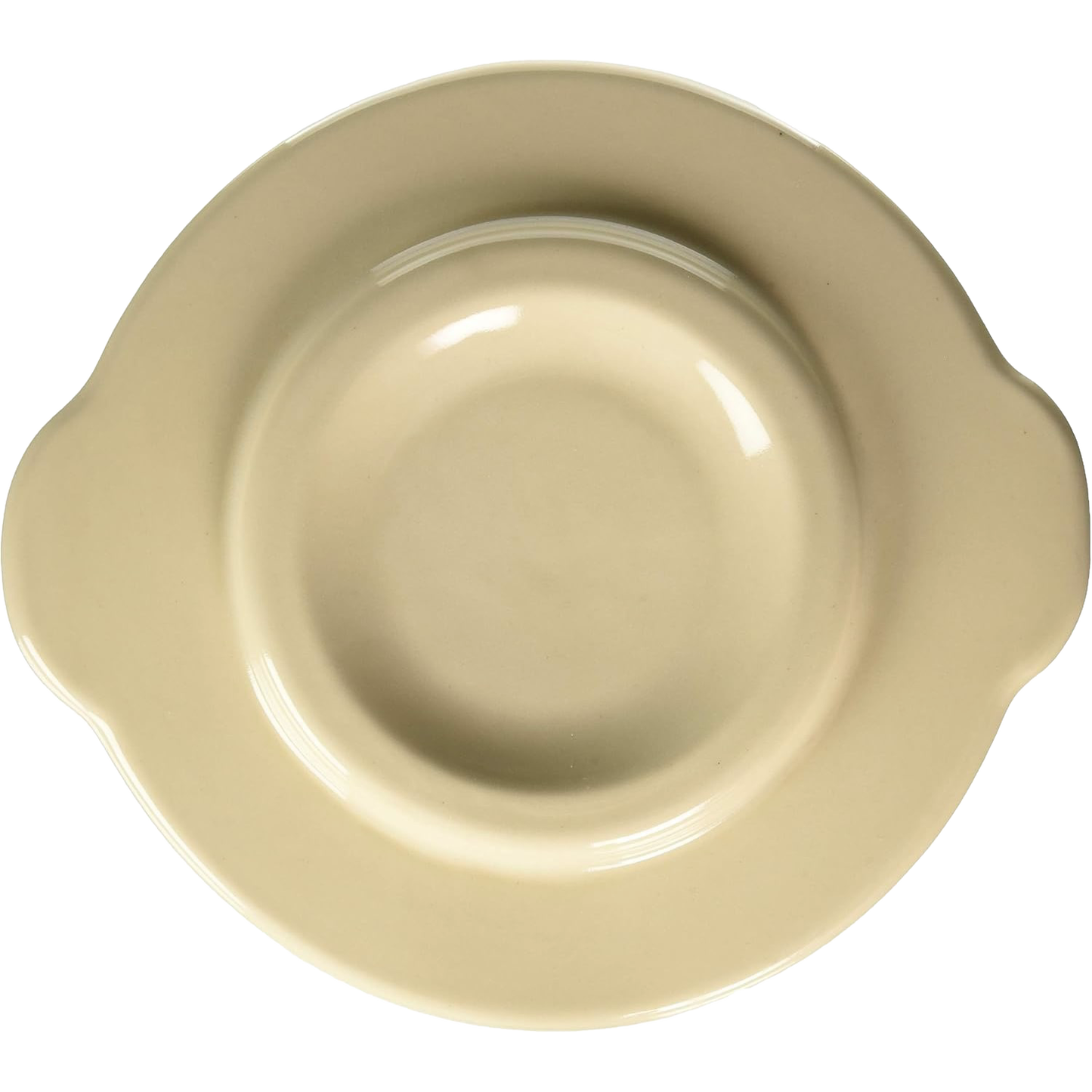 Cream-colored stoneware crock cover with handles on each side, handcrafted in the USA, ideal for kitchen food preservation and fermenting and pickling collections.
