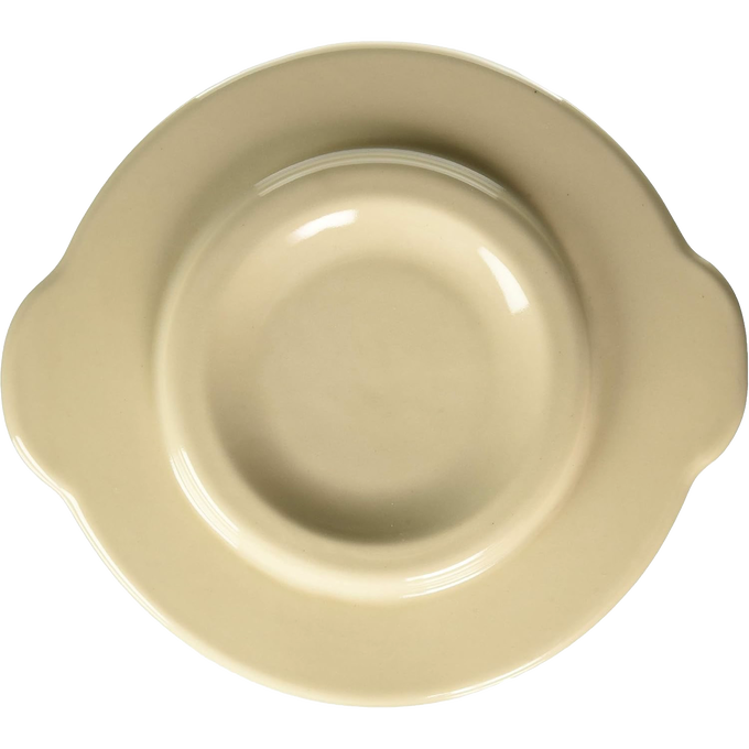 Cream-colored stoneware crock cover with handles on each side, handcrafted in the USA, ideal for kitchen food preservation and fermenting and pickling collections.