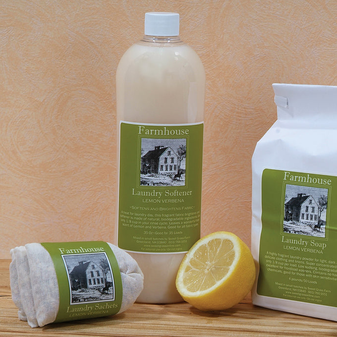 Handcrafted farmhouse fabric softener, soap, and scented sachets with lemon verbena, displayed with a fresh lemon half, fitting Home & Decor, Laundry Supplies, Best Sellers, and USA Made collections.