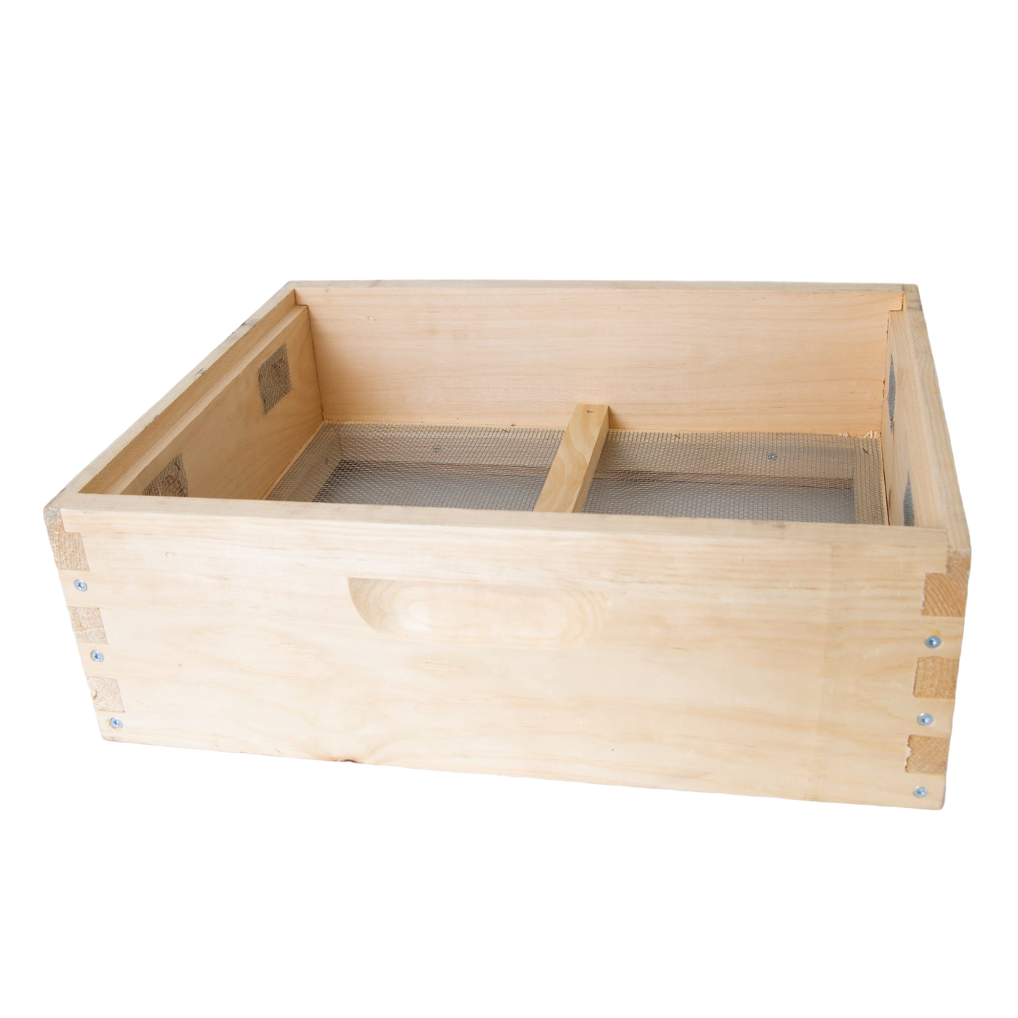 Handcrafted wooden winter hive topper with mesh bottom and ventilation slots, designed for moisture control in bee hives, Amish made, USA made, ideal for farm and beekeeping use.