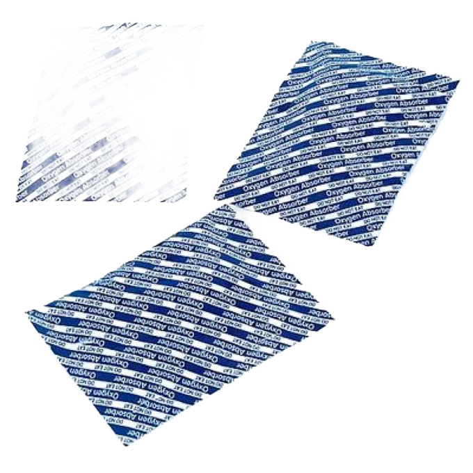 Set of three blue and white oxygen absorber packets designed for preserving dry foods in kitchen and grain storage, featured in Best Sellers and Bread Making Supplies collections.