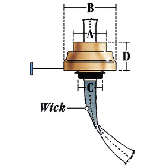 Illustration of a brass burner component with wick and dimension markings, suitable for use in lamps and lighting, camping, emergency supplies, and outdoor gear collections.