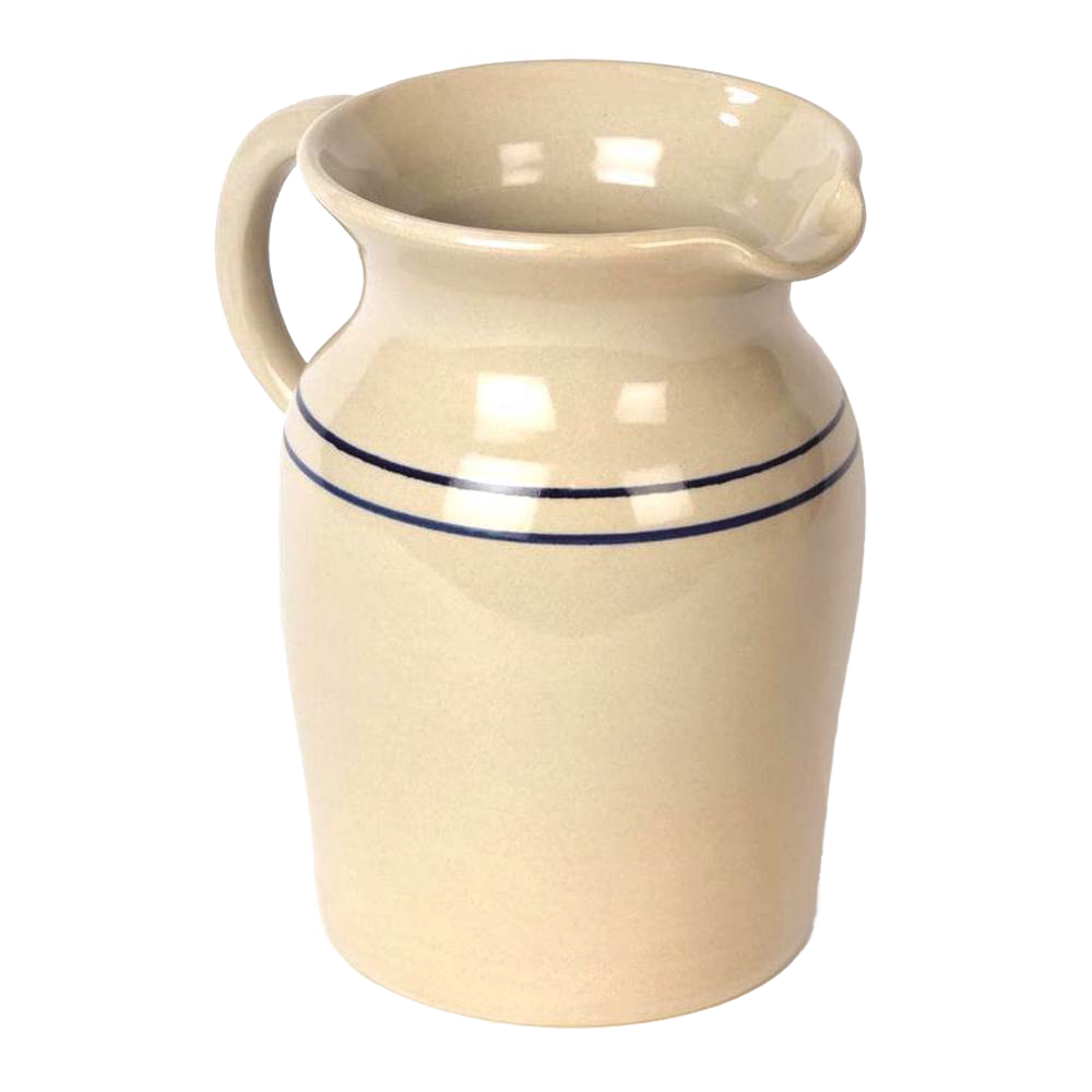 Handcrafted durable glazed stoneware pitcher in cream with two blue stripes, made in USA, suitable for serving beverages or as a decorative piece, featured in Kitchen & Food, Dinnerware, Holiday Hosting, Storage and Serving, USA Made, Best Sellers, and Promo Eligible collections.