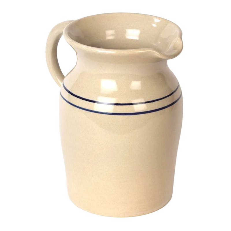 Handcrafted durable glazed stoneware pitcher in cream with two blue stripes, made in USA, suitable for serving beverages or as a decorative piece, featured in Kitchen & Food, Dinnerware, Holiday Hosting, Storage and Serving, USA Made, Best Sellers, and Promo Eligible collections.