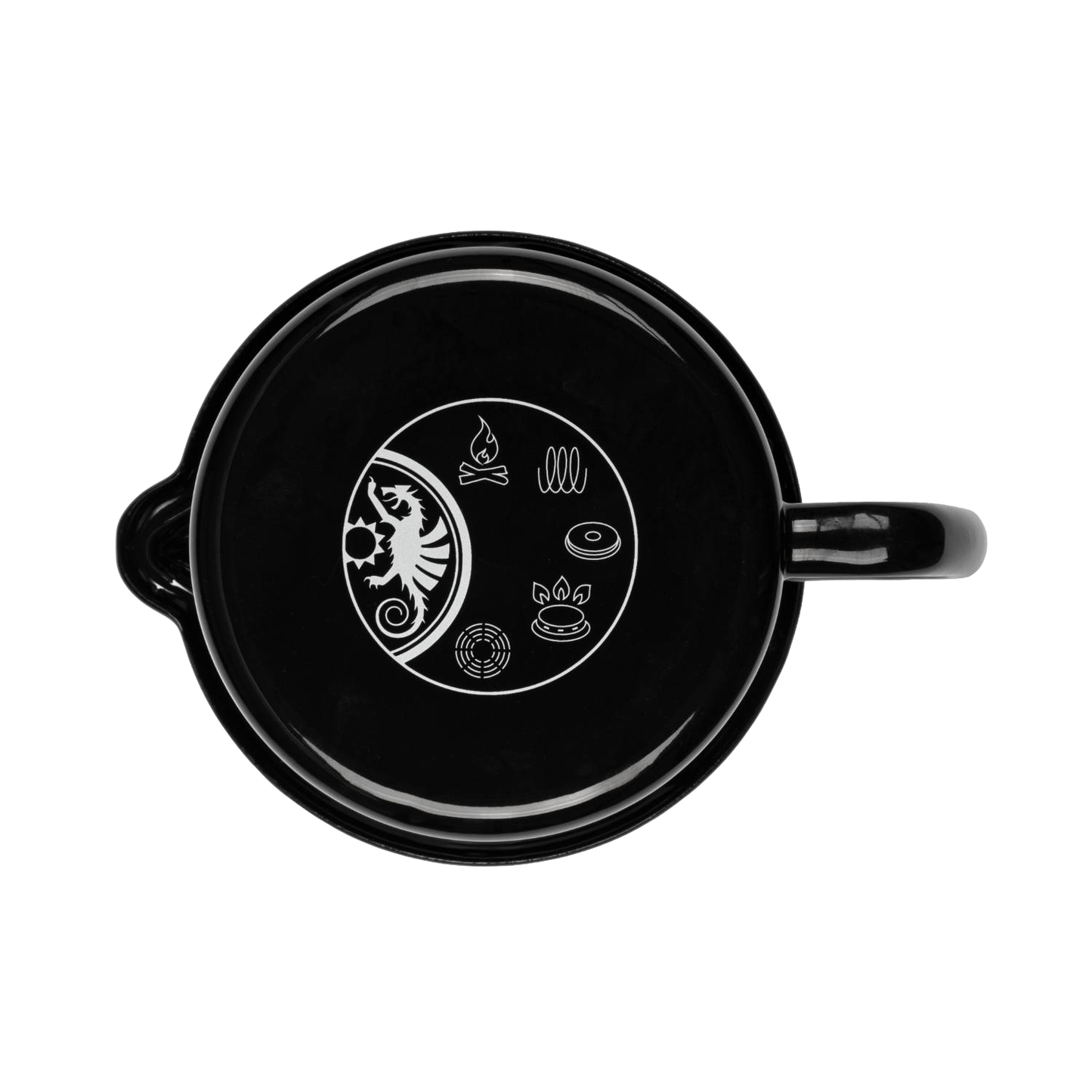 Top-down view of a black enameled steel milk pot featuring white printed icons for campfire, stovetop, and coffee cup, designed for outdoor and kitchen use in camping, cookware, and best sellers collections.