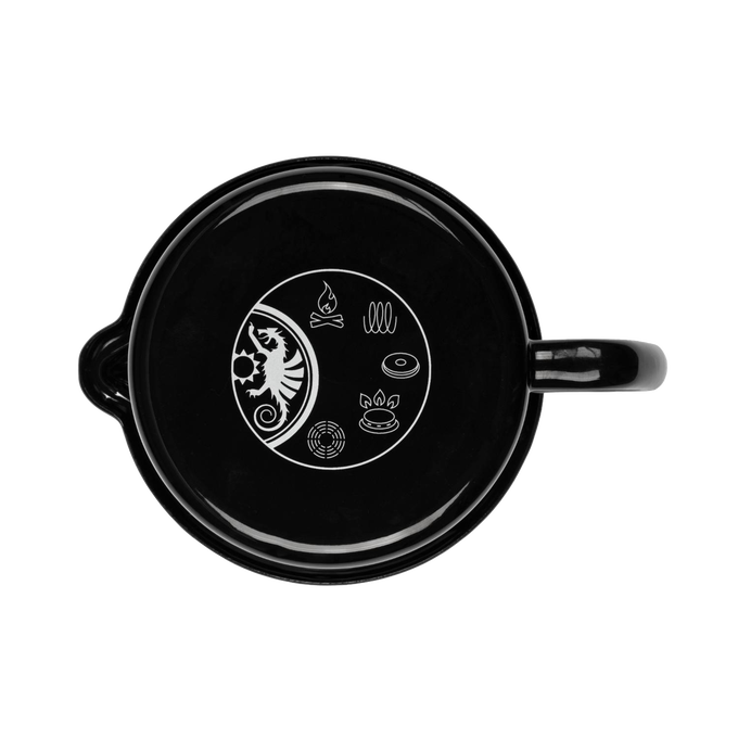 Top-down view of a black enameled steel milk pot featuring white printed icons for campfire, stovetop, and coffee cup, designed for outdoor and kitchen use in camping, cookware, and best sellers collections.