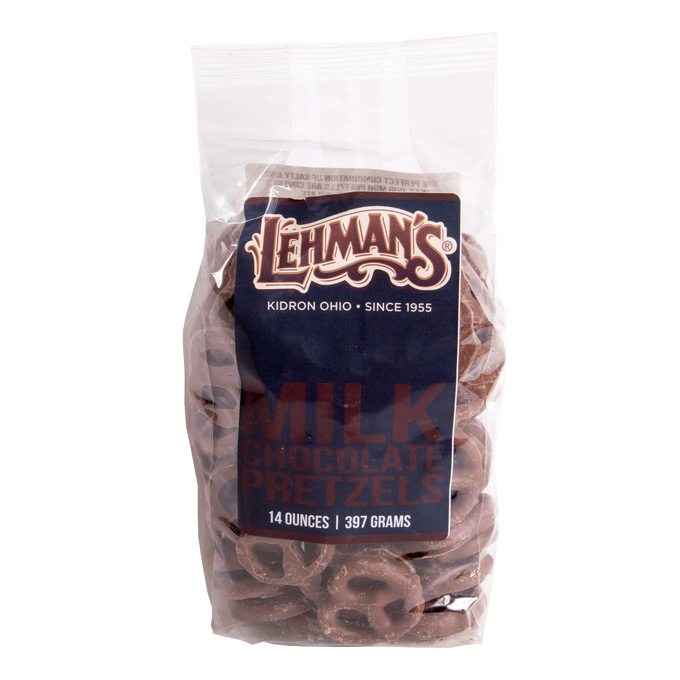 Resealable bag of handcrafted 14-ounce milk chocolate covered pretzels, made in USA, a delicious snack perfect for Kitchen & Food, Snacks and Sweets, Candy, USA Made, Best Sellers, and Promo Eligible collections.