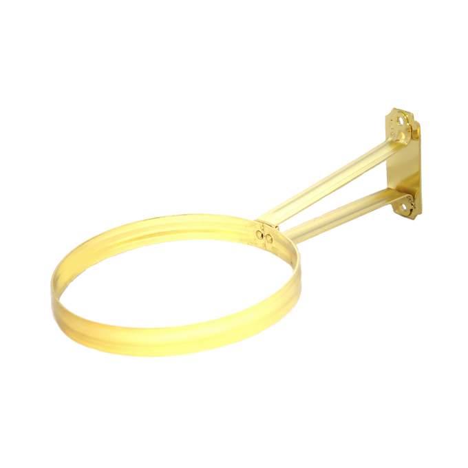 Handcrafted polished brass wall bracket with 11-3/4-inch arm and 6-inch diameter ring, designed to securely hold Aladdin oil lamps in Lamps & Lighting, Wall Lamps, and Best Sellers collections.