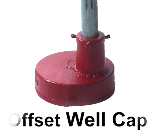 Handcrafted red offset well cap with metal pipe attachment, designed for durable use in USA made water pumps, deep well pumps, and agricultural appliance collections.
