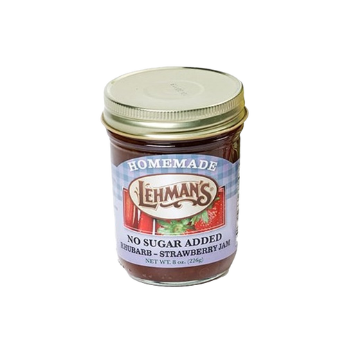 Glass jar of handcrafted rhubarb and strawberry jam with no added sugar, featuring a metal lid and label with a rustic design, part of Kitchen & Food and USA Made collections.