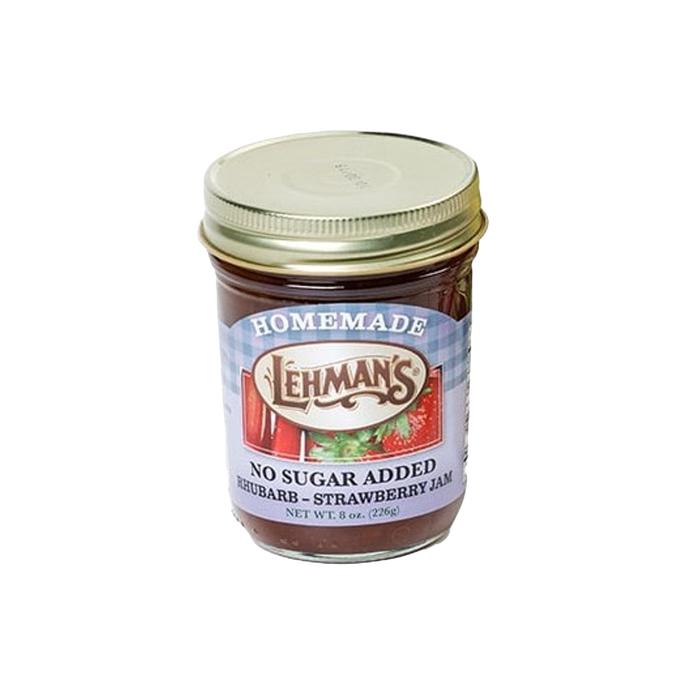 Glass jar of handcrafted rhubarb and strawberry jam with no added sugar, featuring a metal lid and label with a rustic design, part of Kitchen & Food and USA Made collections.