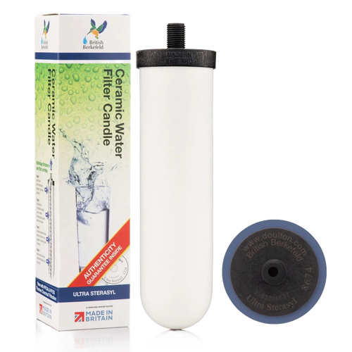 Ceramic water filter candle with Ultra Sterasyl filtration, made in Britain, designed for use in water treatment, camping, emergency supplies, and farm, garden & tool collections.