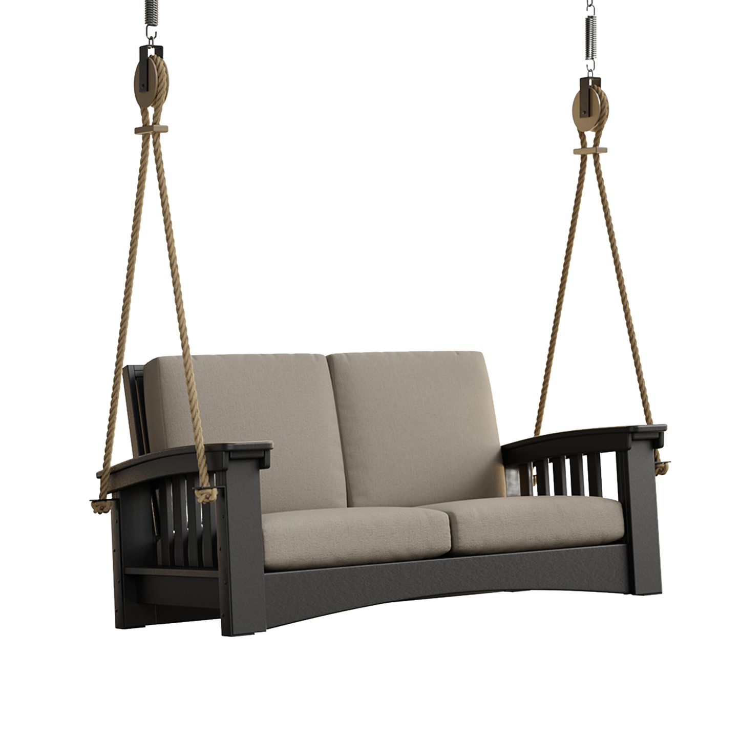 Handcrafted Amish made 6 ft porch swing with soft beige cushions, durable black painted cypress, suspended by sturdy rope, perfect for Home & Decor, Outdoor Furniture, USA Made collections.