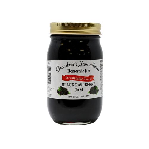 Handcrafted jar of black raspberry jam with gold lid and simple label, made in USA, featured in Kitchen & Food, Pantry, Peanut Butter & Jellies, USA Made, Best Sellers, and Promo Eligible collections.