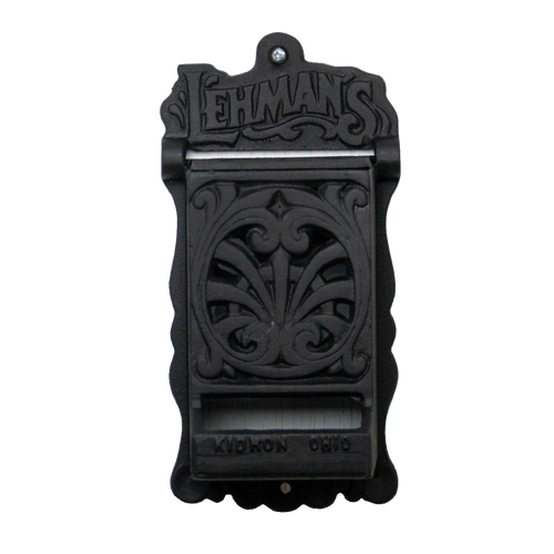 Black handcrafted vintage-style metal matchbox holder with ornate decorative design and Lehman's branding, made in USA, ideal for Home & Decor and Household Helpers collections.