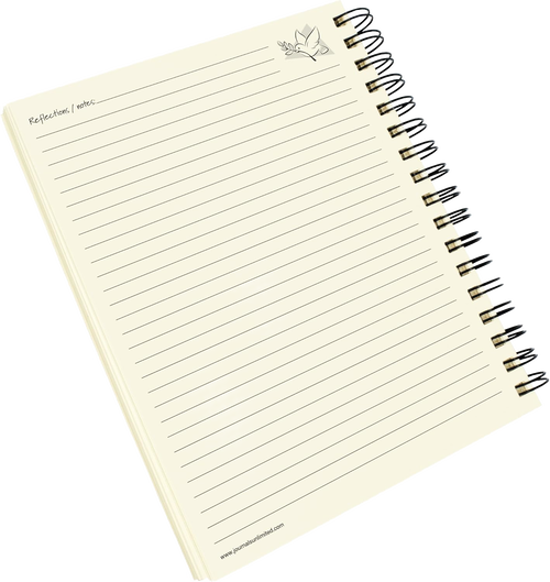 Open spiral-bound journal page with lined sections and a small dove illustration in the corner, designed for reflections and notes, part of heritage and lifestyle books collection.