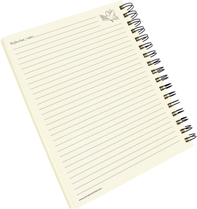 Open spiral-bound journal page with lined sections and a small dove illustration in the corner, designed for reflections and notes, part of heritage and lifestyle books collection.