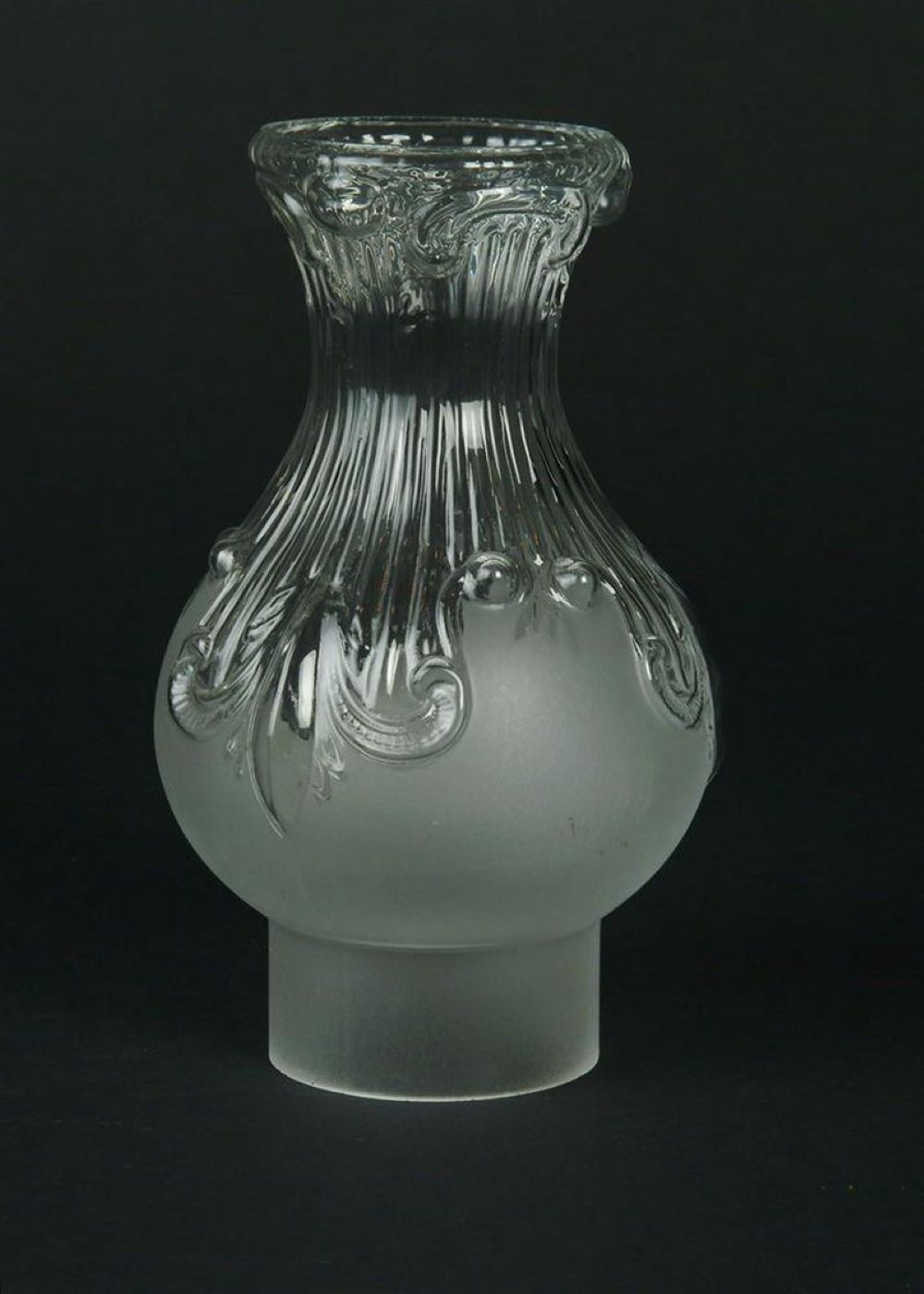 Handcrafted clear glass chimney with embossed feather design and frosted lower section, fits #2 and #3 burners, suitable for Lamps & Lighting and Chimneys and Globes collections.