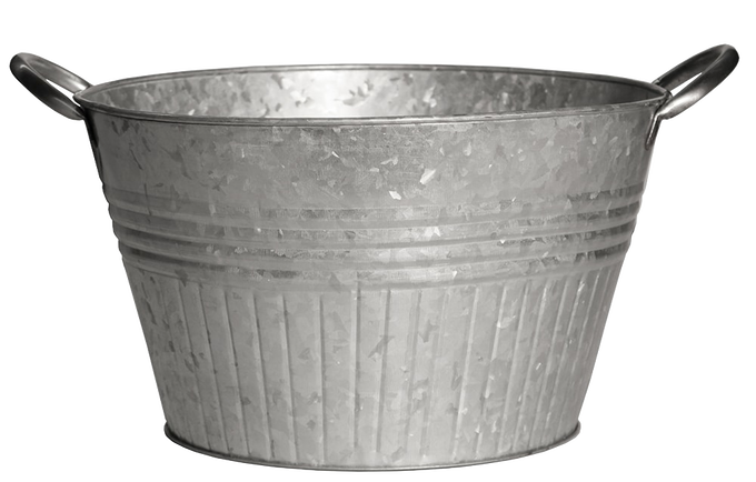 Galvanized metal planter tub with sturdy metal handles and vintage-inspired design, perfect for Farm, Garden & Tool and Garden Accessories collections.