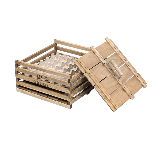 Handcrafted wooden chicken egg crate with a removable lid and slatted sides, designed for safely transporting eggs; perfect for farm, garden, animal care, and chicken accessory use.
