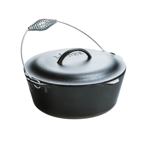 Pre-seasoned cast iron Dutch oven with spiral bail handle and self-basting lid, designed for even cooking and suitable for Kitchen & Food, Cookware, Cast Iron, USA Made, and Best Sellers collections.