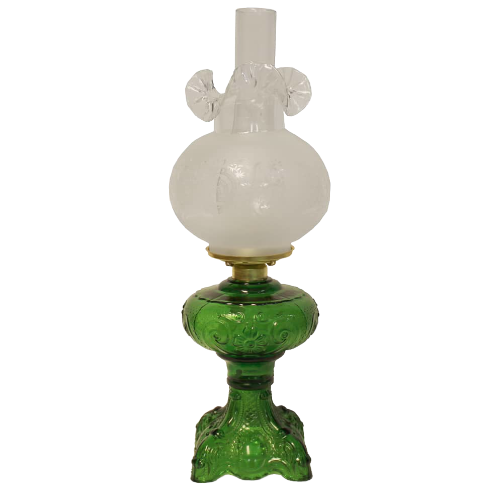 Handcrafted green glass lamp base with intricate sculptured details, featuring a heavy brass-plated burner and etched frosted glass chimney, ideal for Lamps & Lighting, Oil Lamps, Table Lamps, Best Sellers, and Promo Eligible collections.