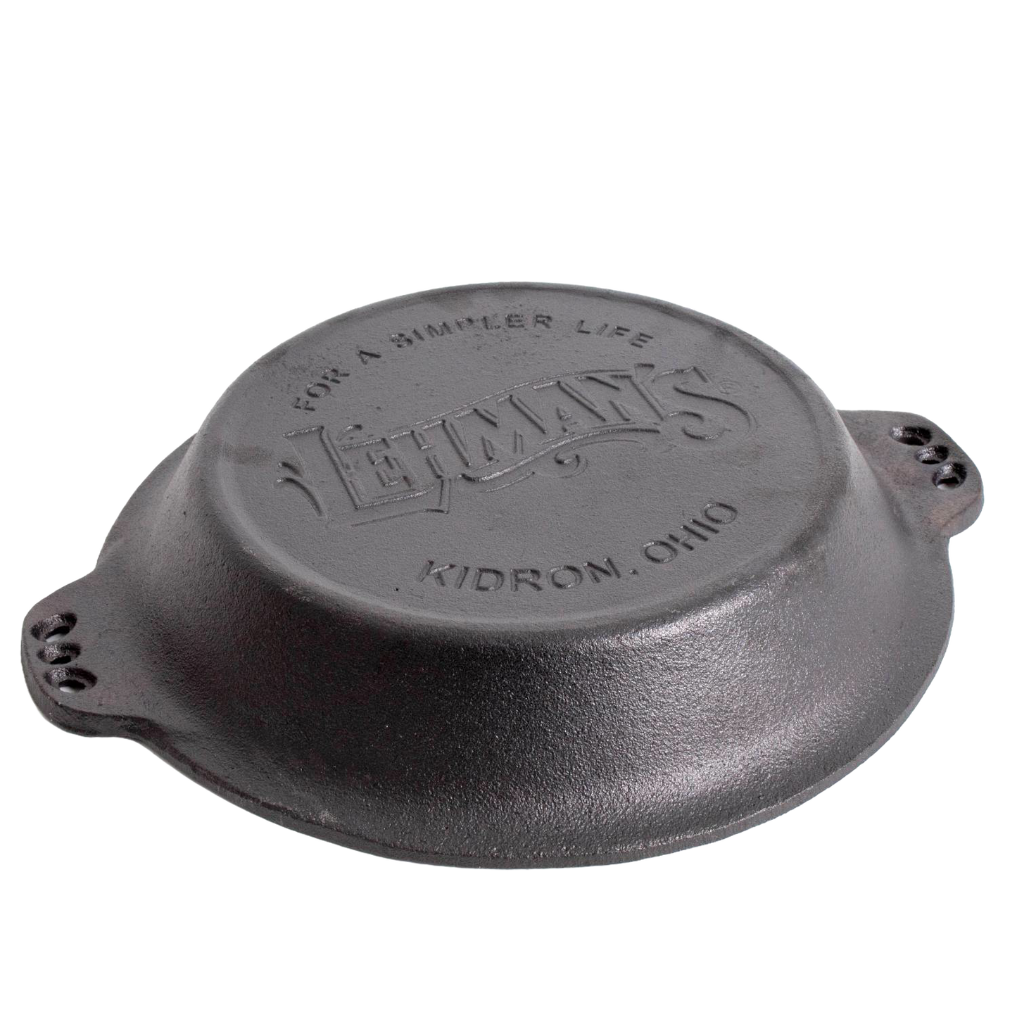Handcrafted cast iron pie pan with crimped edges and dual handles, featuring Lehman’s embossed logo and made in USA, perfect for Kitchen & Food, Cookware, Cast Iron, Baking Supplies, and Best Sellers collections.