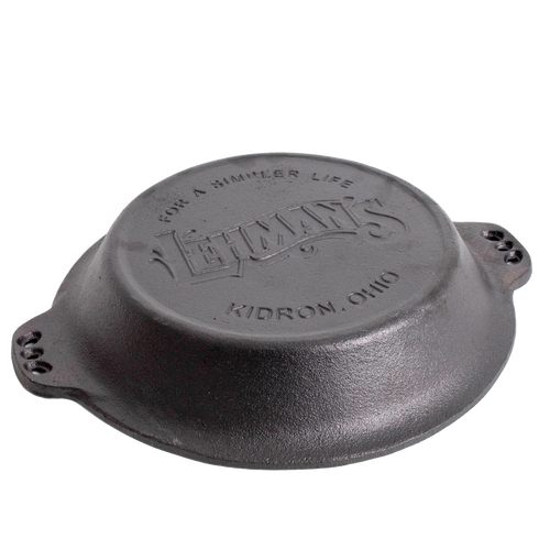 Handcrafted cast iron pie pan with crimped edges and dual handles, featuring Lehman’s embossed logo and made in USA, perfect for Kitchen & Food, Cookware, Cast Iron, Baking Supplies, and Best Sellers collections.